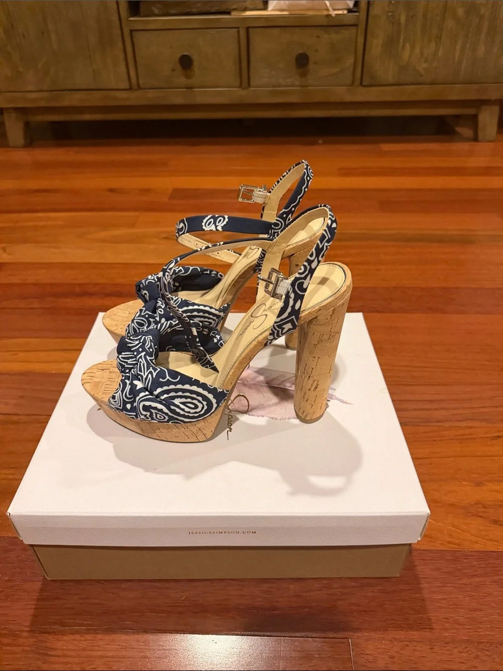 Jessica Simpson Navy Patterned Cork Platform Heels